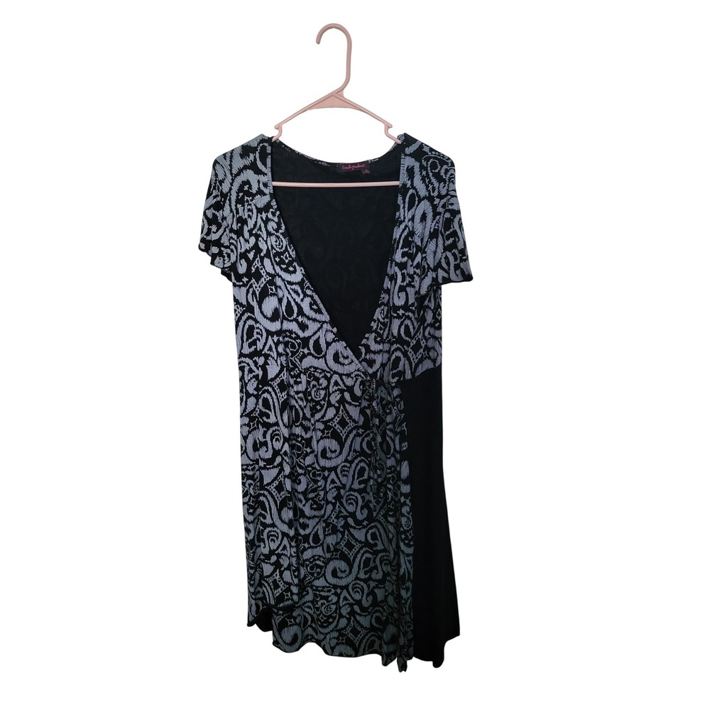 Fresh Produce Wrap Dress Womens XXL Black Blue Ikat Scroll Jersey Knit USA Made